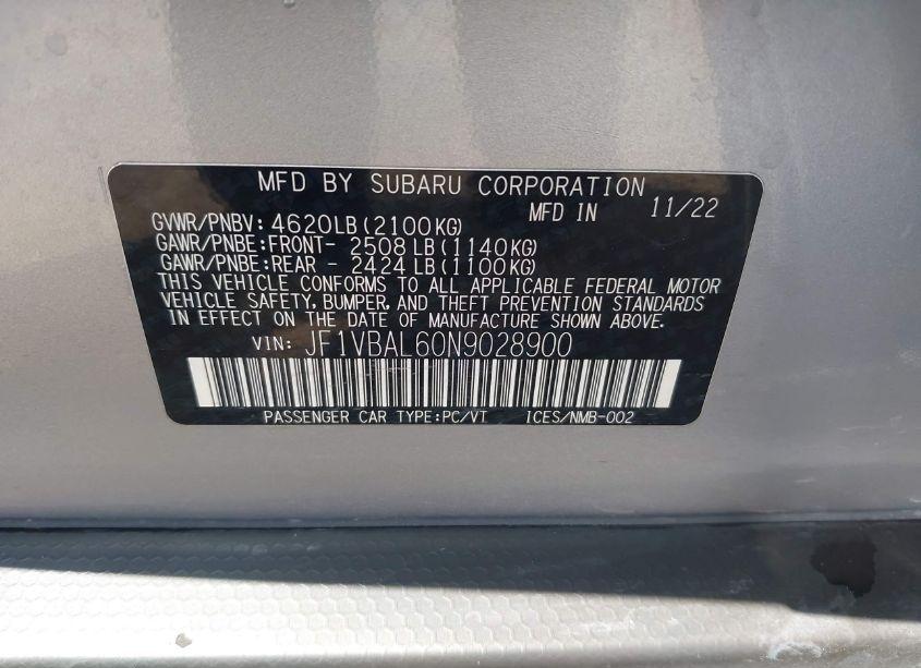 Photo 9 of 2022 Subaru Wrx LIMITED (VIN JF1VBAL60N9028900)