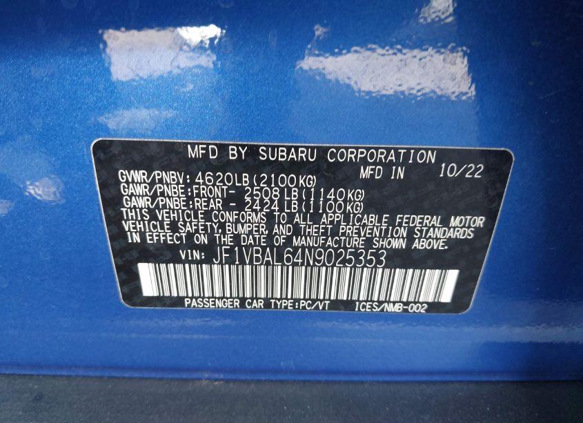 Photo 9 of 2022 Subaru Wrx LIMITED (VIN JF1VBAL64N9025353)