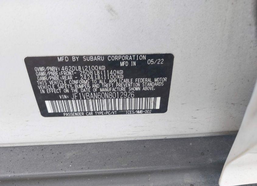 Photo 9 of 2022 Subaru Wrx LIMITED (VIN JF1VBAN60N8012926)