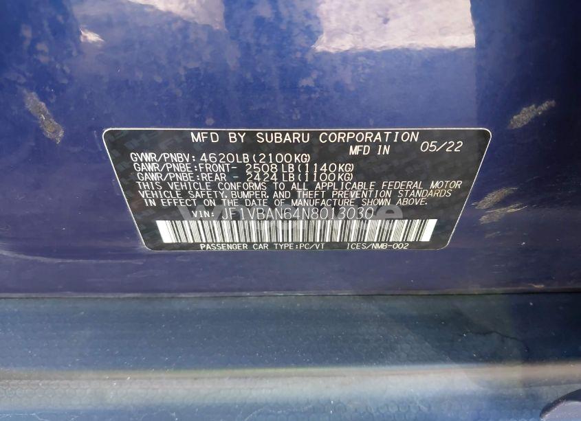 Photo 9 of 2022 Subaru Wrx LIMITED (VIN JF1VBAN64N8013030)