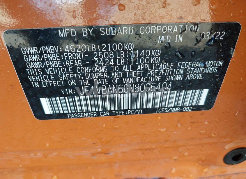 Photo 9 of 2022 Subaru Wrx LIMITED (VIN JF1VBAN66N8006404)