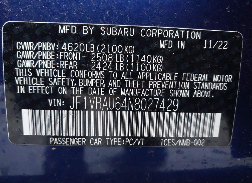 Photo 9 of 2022 Subaru Wrx GT (VIN JF1VBAU64N8027429)