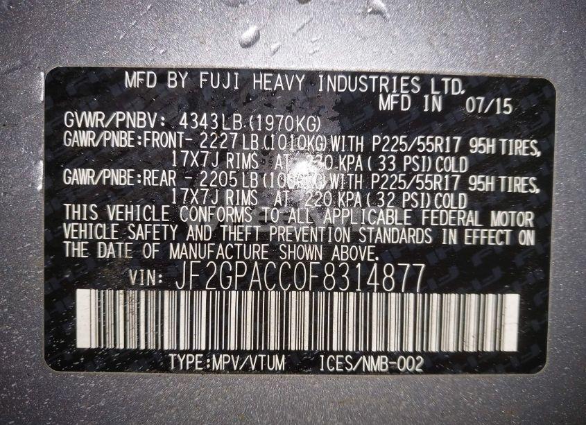 Photo 9 of 2015 Subaru Xv CROSSTREK 2.0I PREMIUM (VIN JF2GPACC0F8314877)