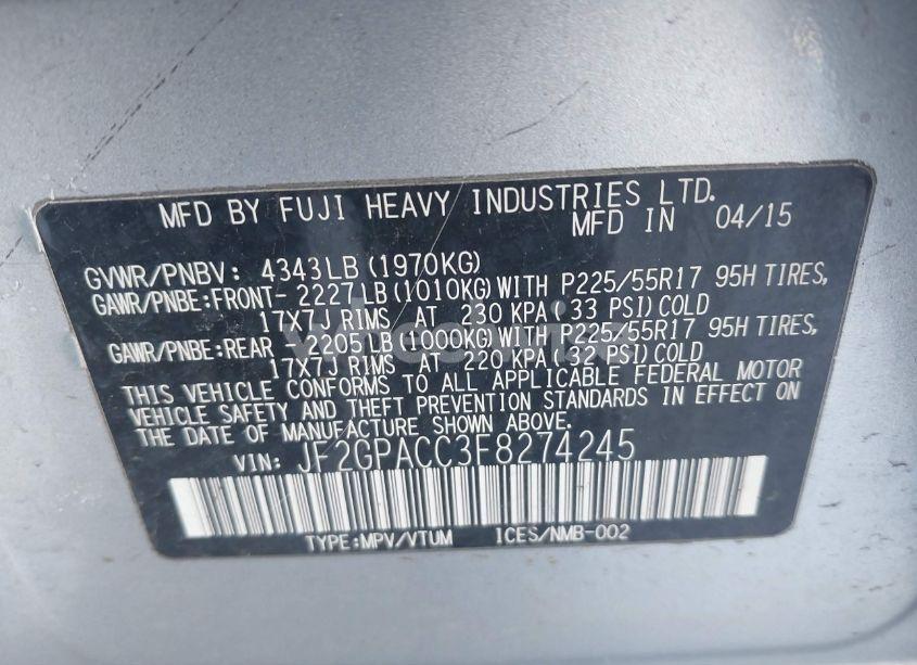 Photo 9 of 2015 Subaru Xv CROSSTREK 2.0I PREMIUM (VIN JF2GPACC3F8274245)