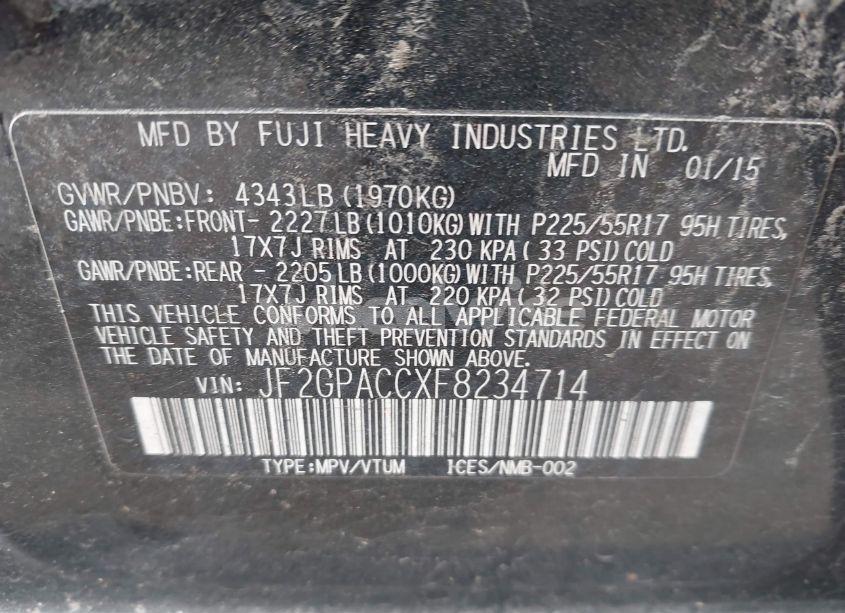 Photo 9 of 2015 Subaru Xv CROSSTREK 2.0I PREMIUM (VIN JF2GPACCXF8234714)