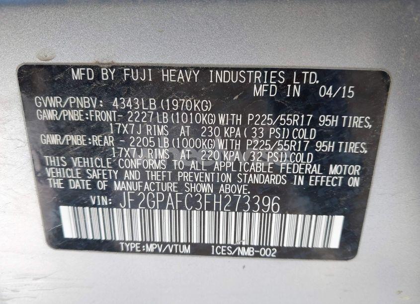 Photo 9 of 2015 Subaru Xv CROSSTREK 2.0I PREMIUM (VIN JF2GPAFC3FH273396)