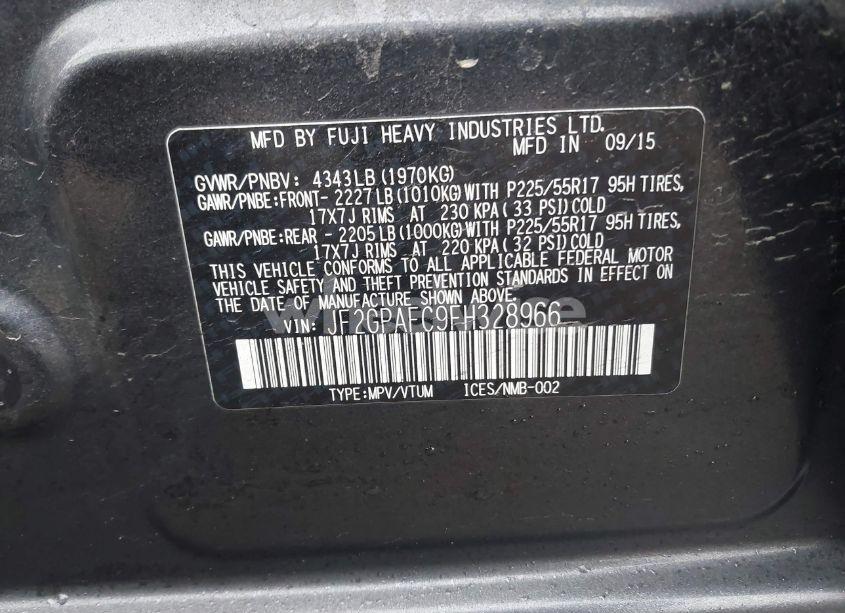 Photo 9 of 2015 Subaru Xv CROSSTREK 2.0I PREMIUM (VIN JF2GPAFC9FH328966)