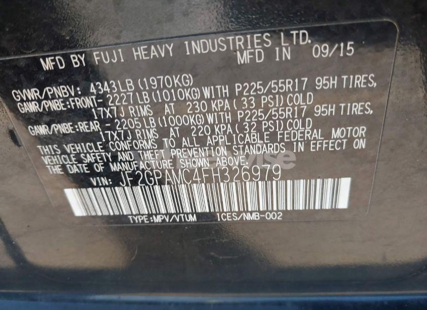 Photo 9 of 2015 Subaru Xv CROSSTREK 2.0I LIMITED (VIN JF2GPAMC4FH326979)