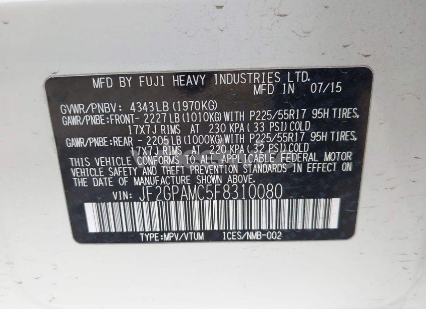 Photo 9 of 2015 Subaru Xv CROSSTREK 2.0I LIMITED (VIN JF2GPAMC5F8310080)