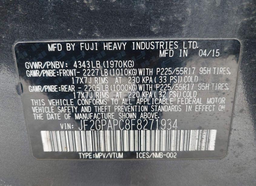 Photo 9 of 2015 Subaru Xv CROSSTREK 2.0I LIMITED (VIN JF2GPAPC8F8271934)