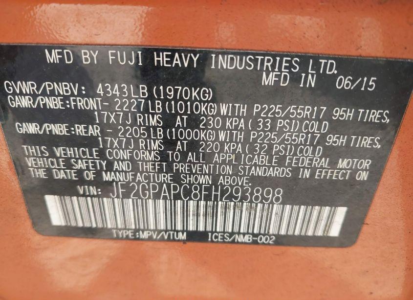 Photo 9 of 2015 Subaru Xv CROSSTREK 2.0I LIMITED (VIN JF2GPAPC8FH293898)