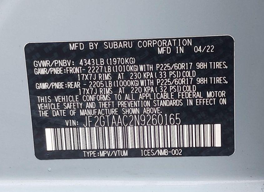 Photo 9 of 2022 Subaru Crosstrek (VIN JF2GTAAC2N9260165)