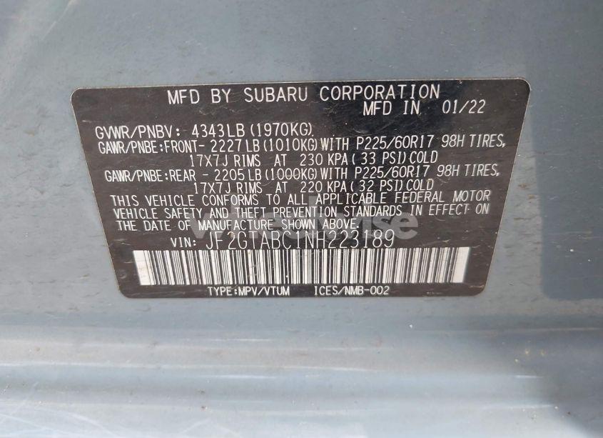 Photo 9 of 2022 Subaru Crosstrek (VIN JF2GTABC1NH223189)