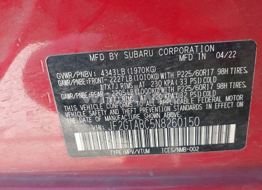 Photo 9 of 2022 Subaru Crosstrek (VIN JF2GTABC5N8260150)