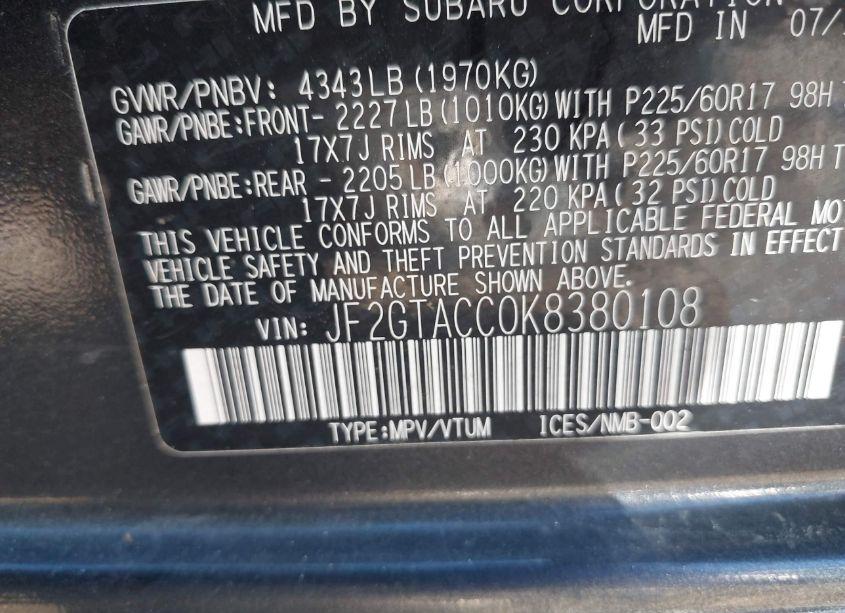 Photo 9 of 2019 Subaru Crosstrek 2.0I PREMIUM (VIN JF2GTACC0K8380108)