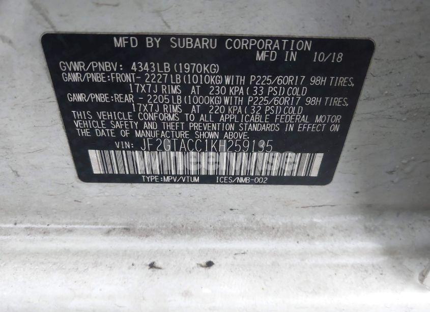 Photo 9 of 2019 Subaru Crosstrek 2.0I PREMIUM (VIN JF2GTACC1KH259135)