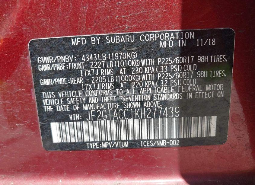 Photo 9 of 2019 Subaru Crosstrek 2.0I PREMIUM (VIN JF2GTACC1KH277439)