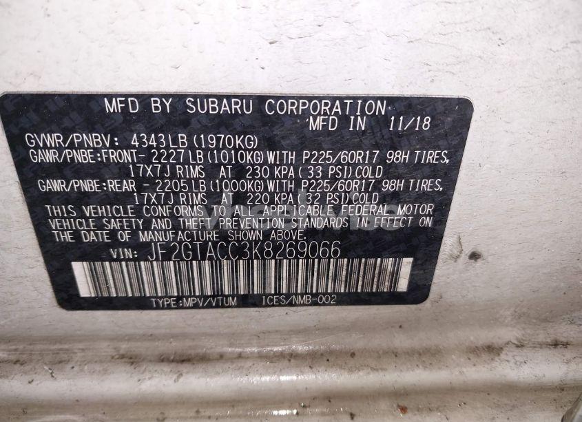 Photo 9 of 2019 Subaru Crosstrek 2.0I PREMIUM (VIN JF2GTACC3K8269066)