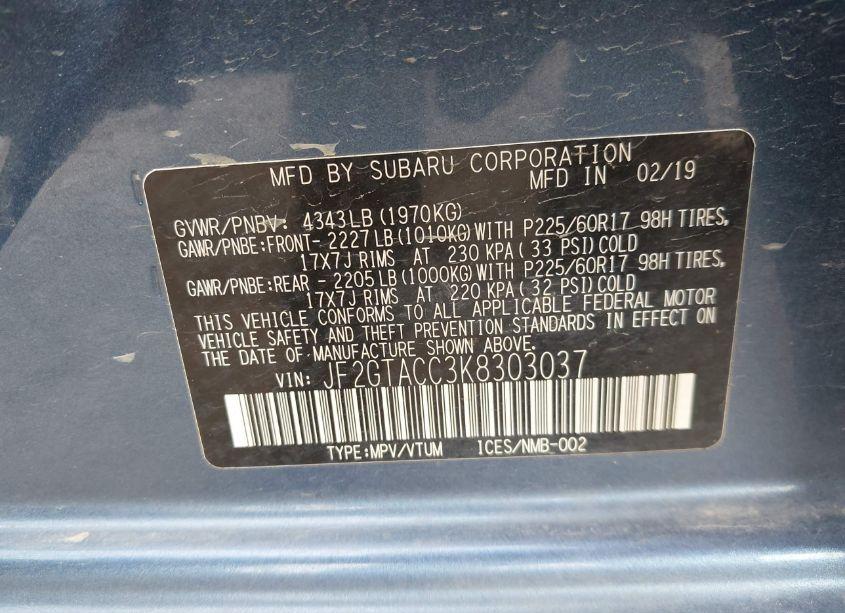 Photo 9 of 2019 Subaru Crosstrek 2.0I PREMIUM (VIN JF2GTACC3K8303037)