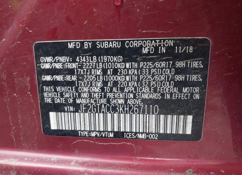 Photo 9 of 2019 Subaru Crosstrek 2.0I PREMIUM (VIN JF2GTACC3KH267110)