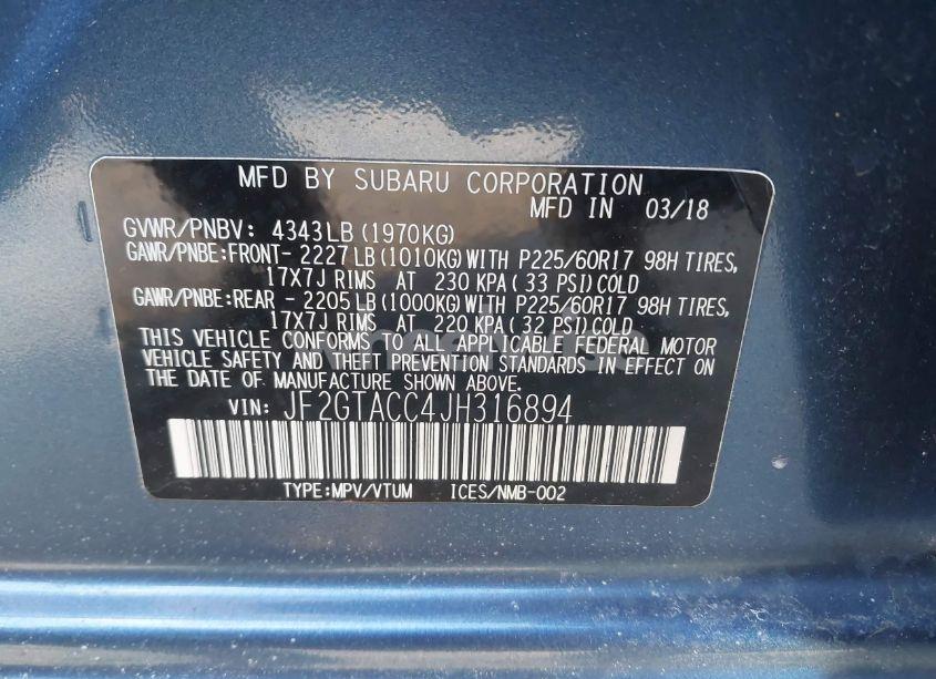 Photo 9 of 2018 Subaru Crosstrek 2.0I PREMIUM (VIN JF2GTACC4JH316894)