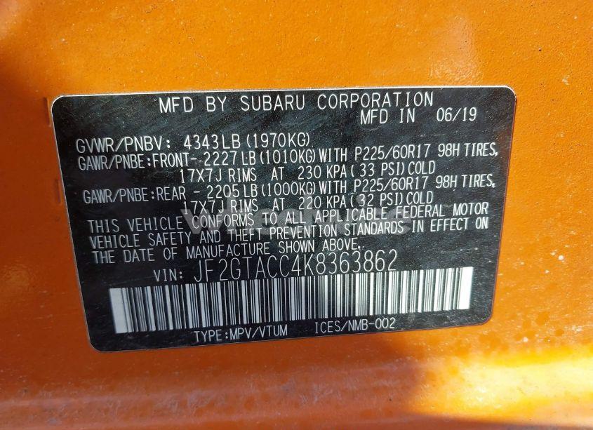 Photo 9 of 2019 Subaru Crosstrek 2.0I PREMIUM (VIN JF2GTACC4K8363862)