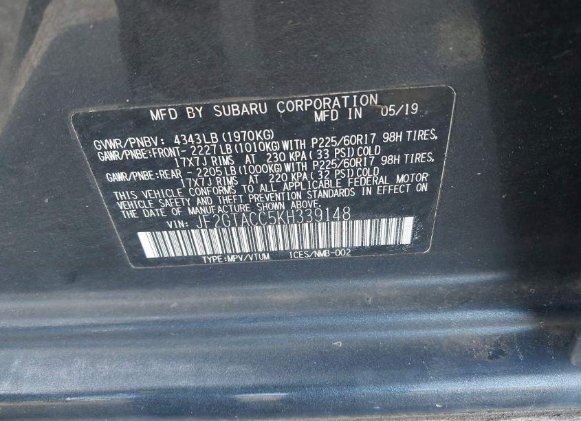 Photo 9 of 2019 Subaru Crosstrek 2.0I PREMIUM (VIN JF2GTACC5KH339148)