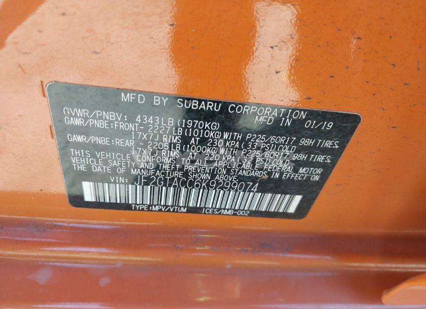 Photo 9 of 2019 Subaru Crosstrek 2.0I PREMIUM (VIN JF2GTACC6K9299074)