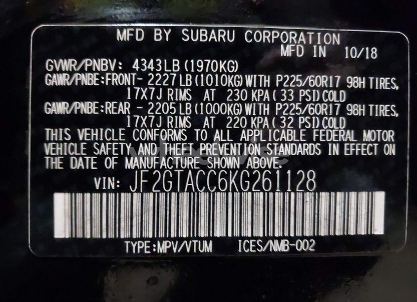 Photo 9 of 2019 Subaru Crosstrek 2.0I PREMIUM (VIN JF2GTACC6KG261128)