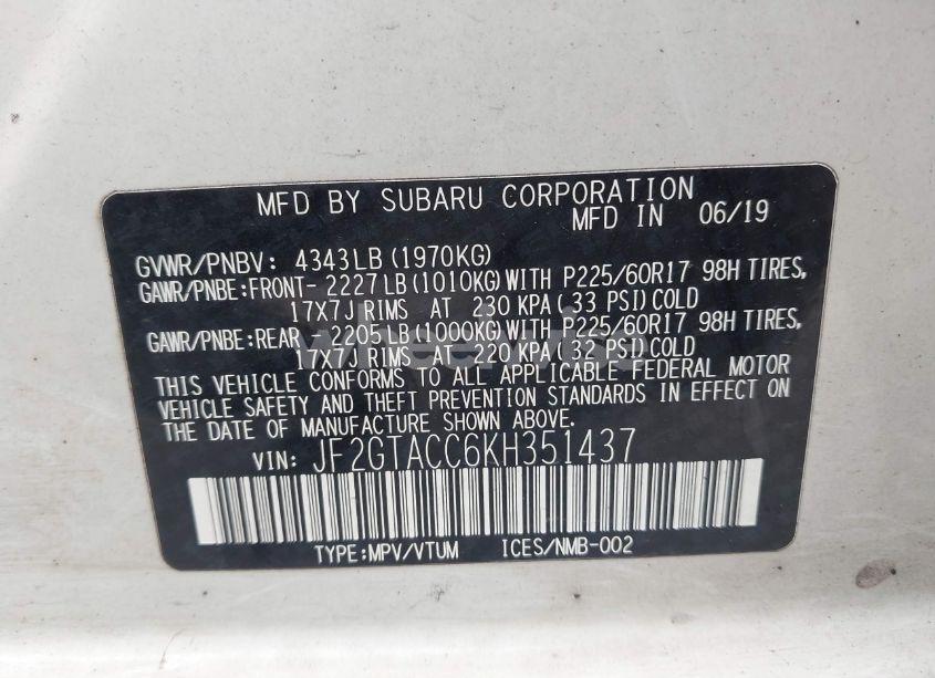 Photo 9 of 2019 Subaru Crosstrek 2.0I PREMIUM (VIN JF2GTACC6KH351437)