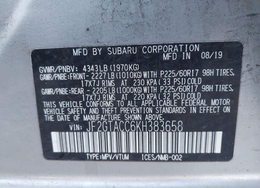 Photo 9 of 2019 Subaru Crosstrek 2.0I PREMIUM (VIN JF2GTACC6KH383658)