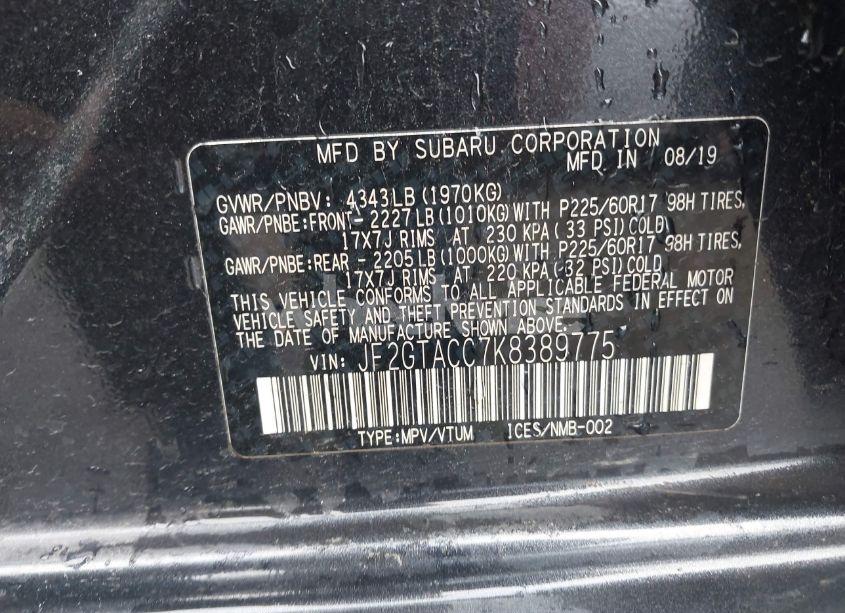 Photo 9 of 2019 Subaru Crosstrek 2.0I PREMIUM (VIN JF2GTACC7K8389775)