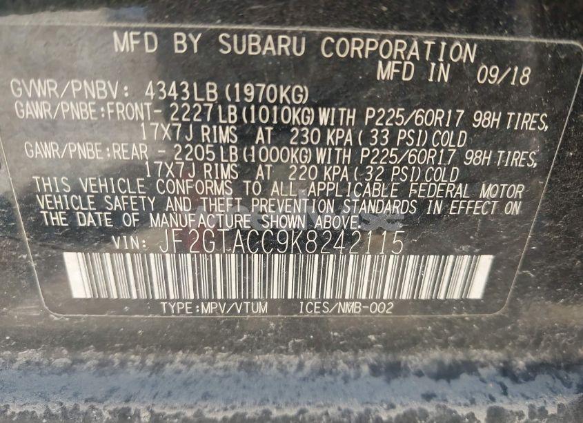 Photo 9 of 2019 Subaru Crosstrek 2.0I PREMIUM (VIN JF2GTACC9K8242115)