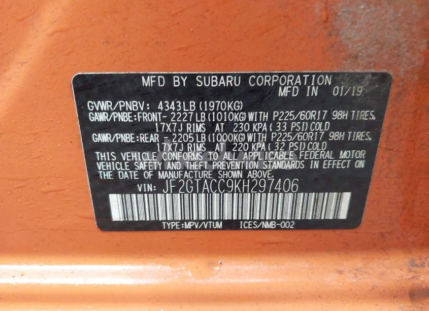 Photo 9 of 2019 Subaru Crosstrek 2.0I PREMIUM (VIN JF2GTACC9KH297406)