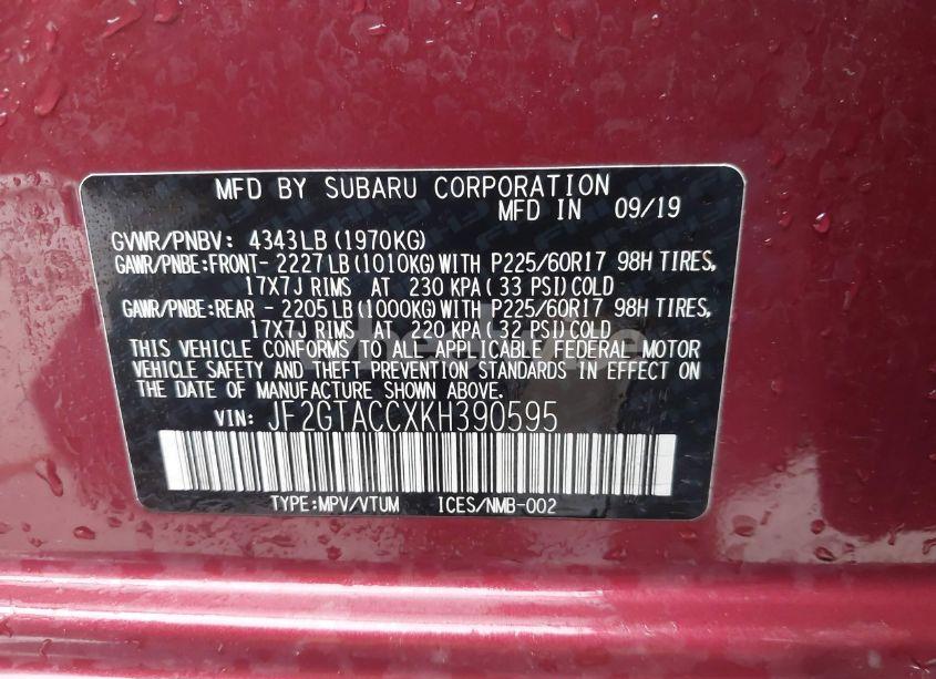 Photo 9 of 2019 Subaru Crosstrek 2.0I PREMIUM (VIN JF2GTACCXKH390595)