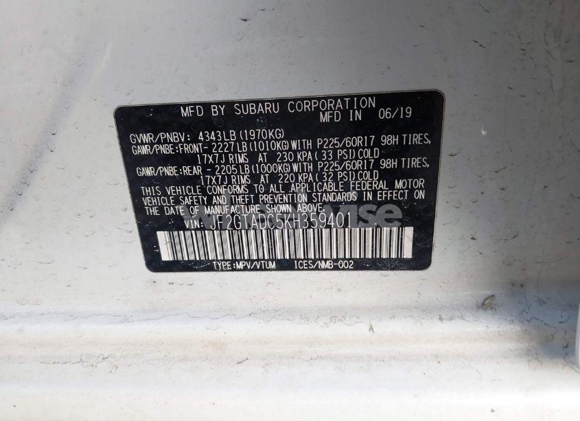 Photo 9 of 2019 Subaru Crosstrek 2.0I PREMIUM (VIN JF2GTADC5KH359401)