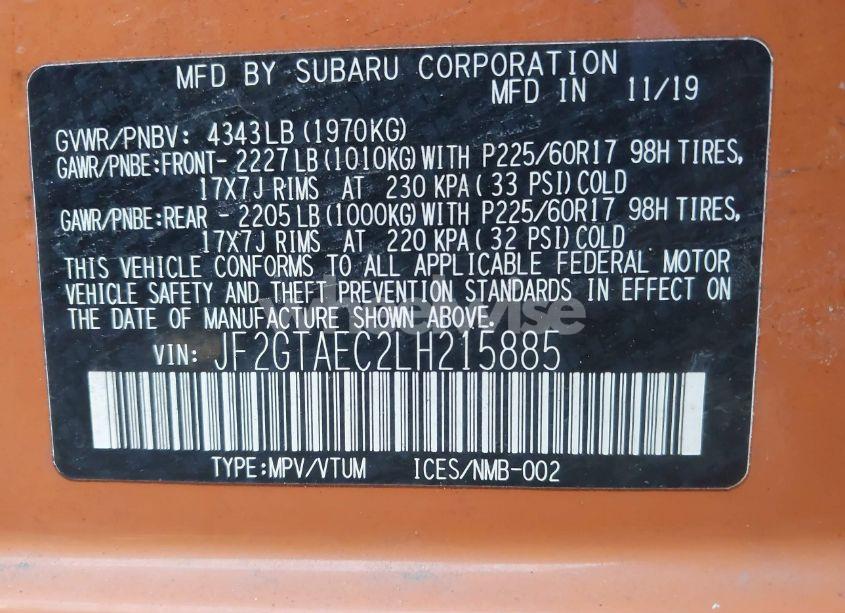 Photo 9 of 2020 Subaru Crosstrek PREMIUM (VIN JF2GTAEC2LH215885)