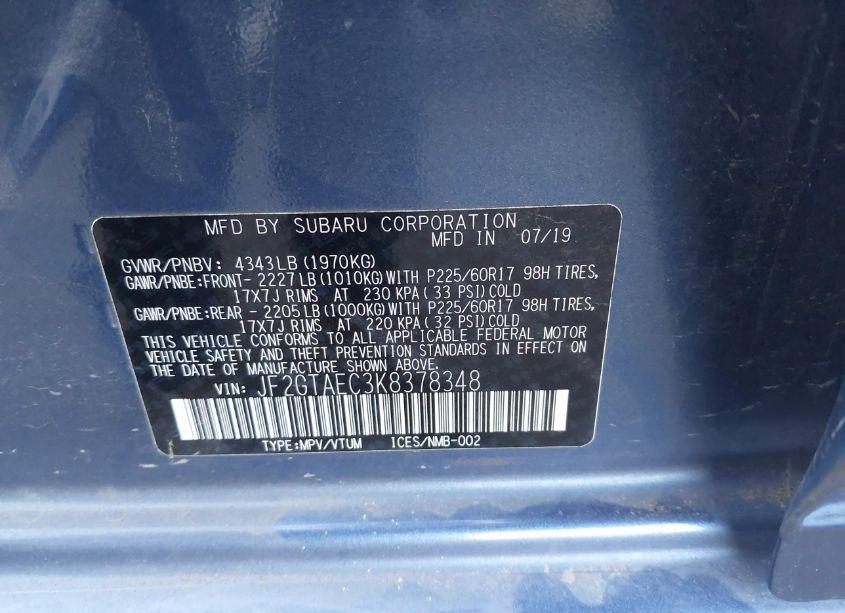 Photo 9 of 2019 Subaru Crosstrek 2.0I PREMIUM (VIN JF2GTAEC3K8378348)