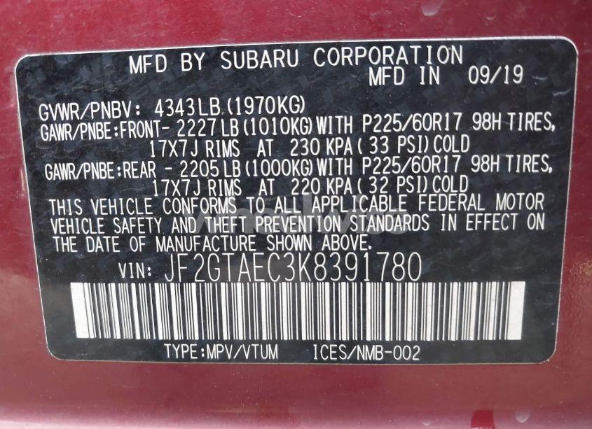 Photo 9 of 2019 Subaru Crosstrek 2.0I PREMIUM (VIN JF2GTAEC3K8391780)