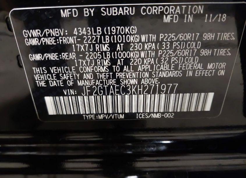 Photo 9 of 2019 Subaru Crosstrek 2.0I PREMIUM (VIN JF2GTAEC3KH271977)