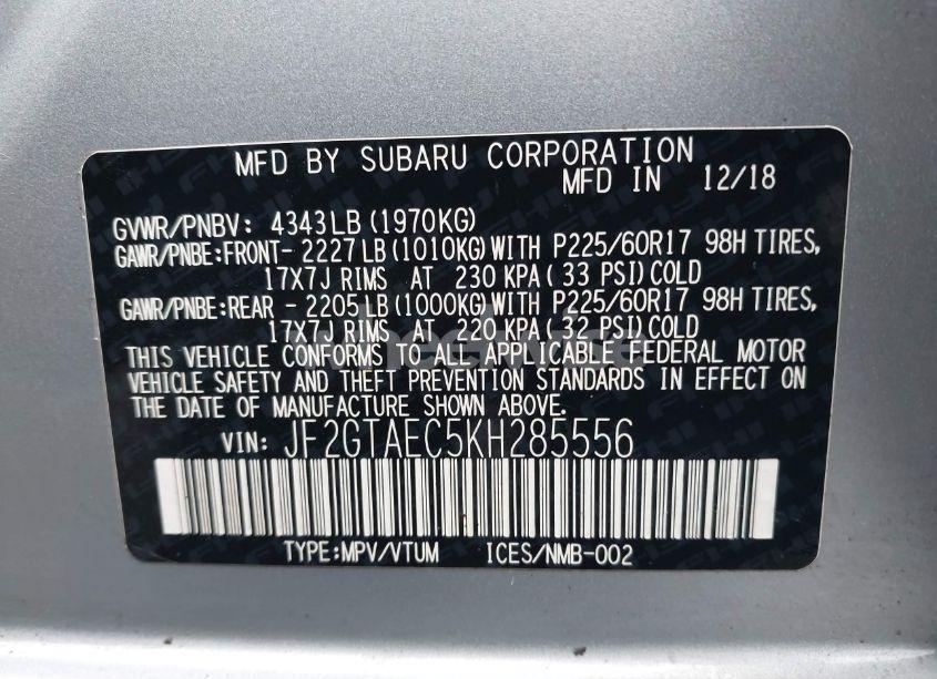 Photo 9 of 2019 Subaru Crosstrek 2.0I PREMIUM (VIN JF2GTAEC5KH285556)