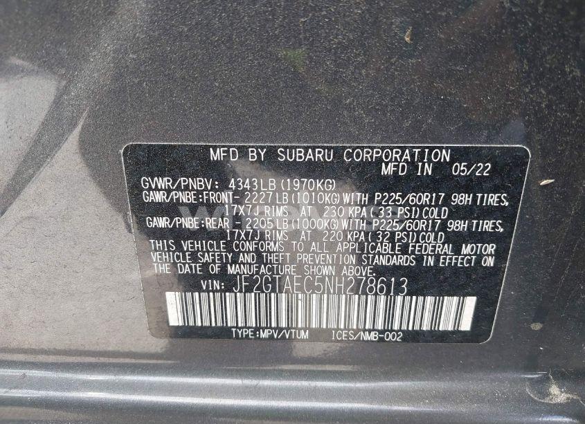 Photo 9 of 2022 Subaru Crosstrek PREMIUM (VIN JF2GTAEC5NH278613)