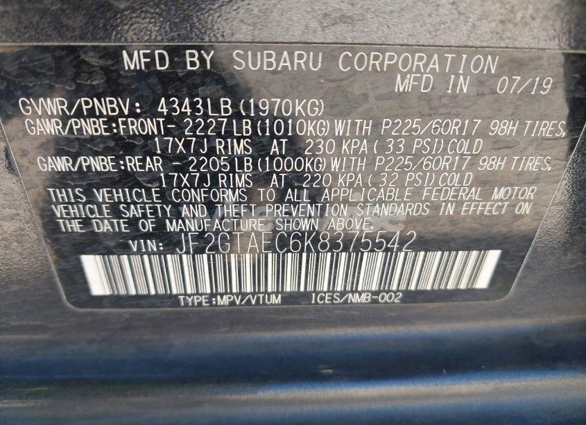 Photo 9 of 2019 Subaru Crosstrek 2.0I PREMIUM (VIN JF2GTAEC6K8375542)