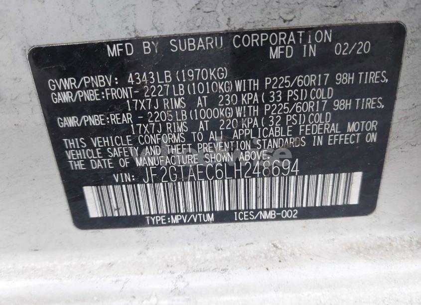 Photo 9 of 2020 Subaru Crosstrek PREMIUM (VIN JF2GTAEC6LH248694)