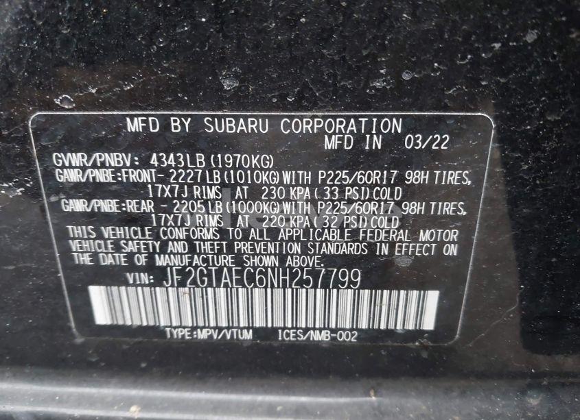 Photo 9 of 2022 Subaru Crosstrek PREMIUM (VIN JF2GTAEC6NH257799)