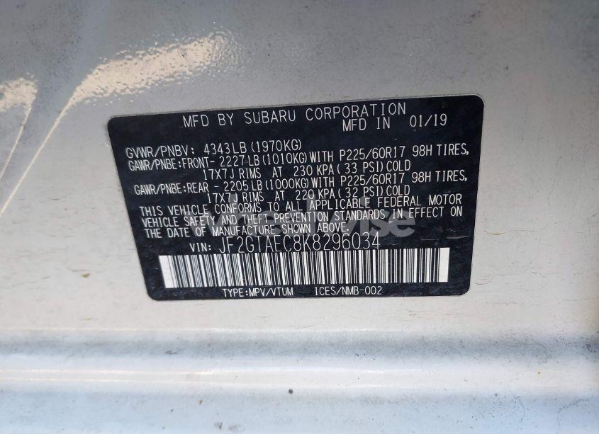 Photo 9 of 2019 Subaru Crosstrek 2.0I PREMIUM (VIN JF2GTAEC8K8296034)