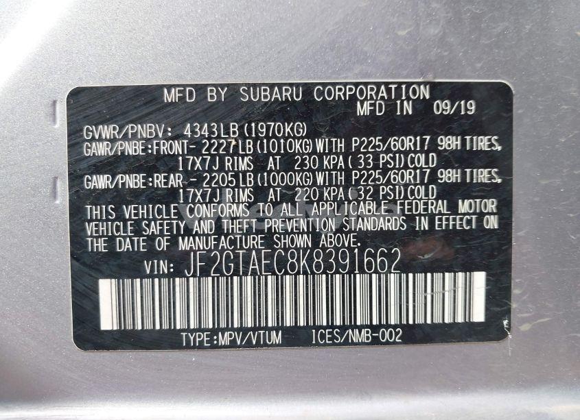 Photo 9 of 2019 Subaru Crosstrek 2.0I PREMIUM (VIN JF2GTAEC8K8391662)