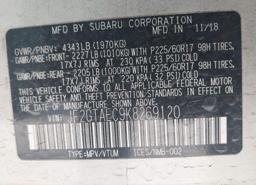 Photo 9 of 2019 Subaru Crosstrek 2.0I PREMIUM (VIN JF2GTAEC9K8269120)