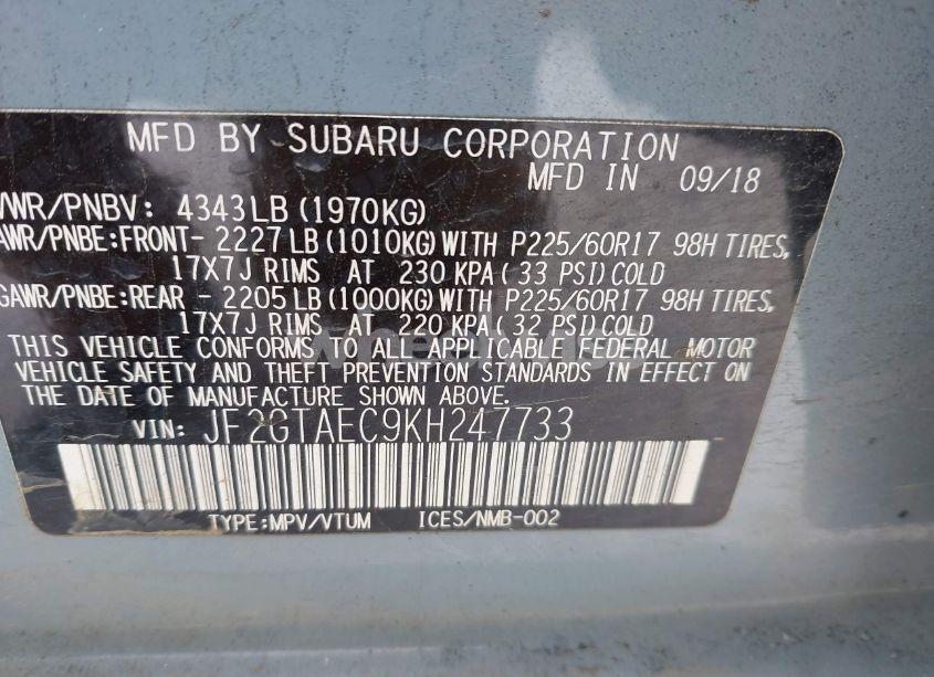 Photo 9 of 2019 Subaru Crosstrek 2.0I PREMIUM (VIN JF2GTAEC9KH247733)