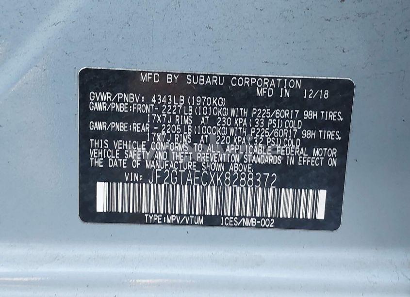 Photo 9 of 2019 Subaru Crosstrek 2.0I PREMIUM (VIN JF2GTAECXK8288372)